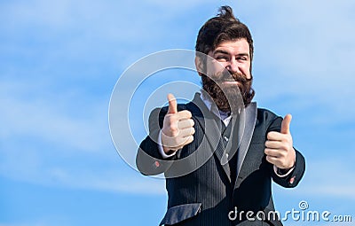 Man bearded optimistic businessman wear formal suit sky background. Success and luck. Optimistic mood. Think like Stock Photo