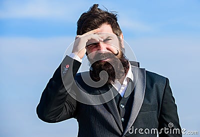 Man bearded stressful painful face sky background. Guy suffer headache stressful day. Stressful business. Pain and Stock Photo