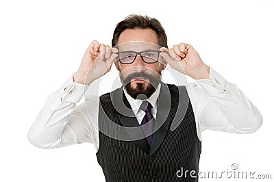 Man bearded wear eyeglasses isolated white. Businessman teacher adjust eyeglasses. Take look concept. Business analysis Stock Photo