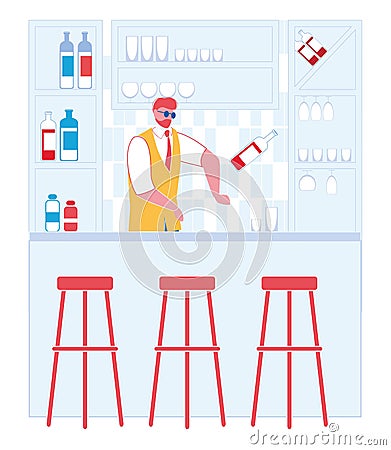 Man Behind Bar Counter Juggles Bottle of Alcohol Vector Illustration