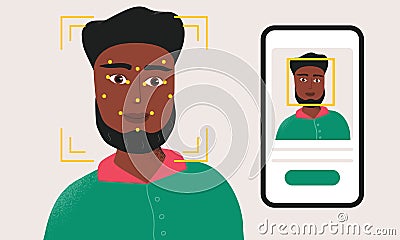 Man being checked via smartphone face identification technology. Facial recognition system. Security scanning frame and Vector Illustration