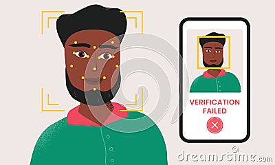 Man being checked via smartphone face identification technology and the verification is failed. Facial recognition Vector Illustration