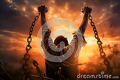 Man being free from the chains that bound him Stock Photo