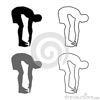 Man bends down Sportsman doing exercises Sport action male Workout silhouette side view icon set grey black color illustration Vector Illustration