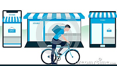 Man with bicycle, store created in objects like laptop mobile and tablet. delivery business vector illustration on white Vector Illustration