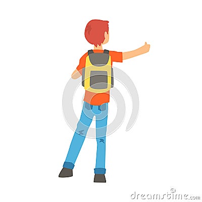 Man with a big backpack stopped a ride by thumbing, back view Vector Illustration