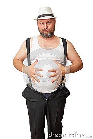 A man with a big belly shows his size with his hands. Stock Photo