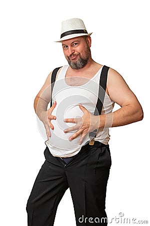 A man with a big belly shows his size with his hands. Stock Photo