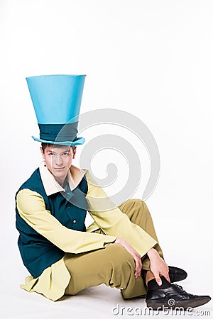 Man in big blue hat. St Patric day. Isolated Stock Photo