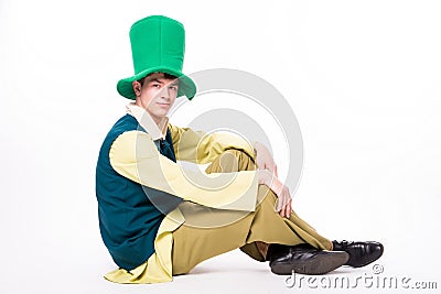 Man in big green hat. St Patric day. Isolated Stock Photo