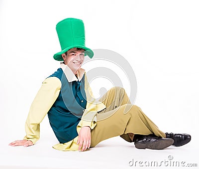 Man in big green hat. St Patric day. Isolated Stock Photo