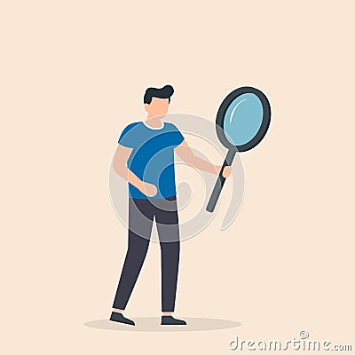 Man with big magnifying glass searching for Information. Vector Illustration Vector Illustration