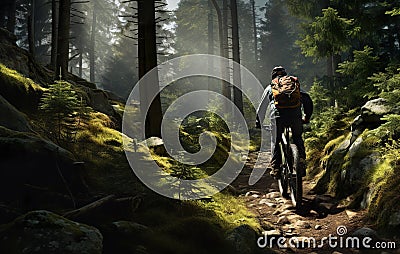 man on bike at nature, extreme bicycle sport at mountain and forest, generative AI Stock Photo