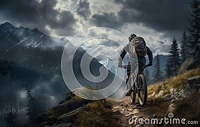 man on bike at nature, extreme bicycle sport at mountain and forest, generative AI Stock Photo