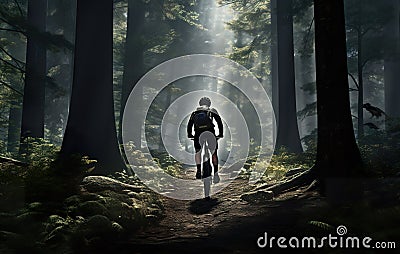 man on bike at nature, extreme bicycle sport at mountain and forest, generative AI Stock Photo