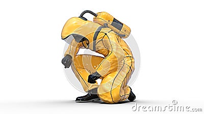 Man in biohazard protective outfit kneeling, human with gas mask dressed in hazmat suit for toxic and chemicals protection, 3D Stock Photo