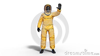 Man in biohazard protective outfit waving, human with gas mask dressed in hazmat suit for toxic and chemicals protection, 3D Stock Photo