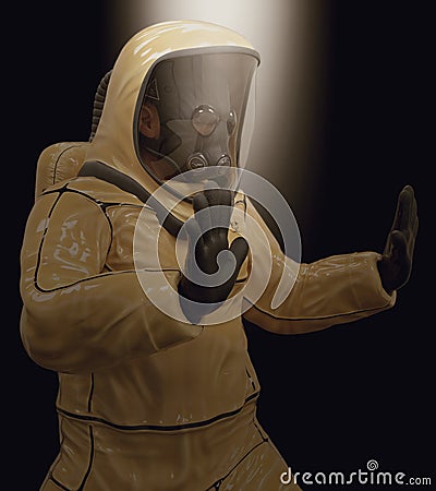 Man in a biohazard suit on a dark background 3d illustration Cartoon Illustration