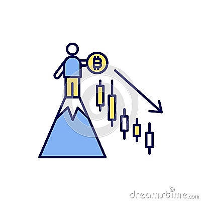 A man with a Bitcoin stands on the top of the hill but the price chart goes down. Cryptocurrency market falling. Vector Illustration