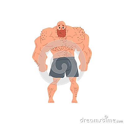 Man In Black Boxers Bodybuilder Funny Smiling Character On Steroids Demonstrating Muscles In Front Lat Spread Pose As Vector Illustration