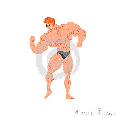 Man In Black Briefs Bodybuilder Funny Smiling Character On Steroids Demonstrating Biceps Muscles As Strongman Routine Vector Illustration