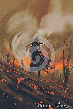 Man in black cloak standing against burning forest Cartoon Illustration