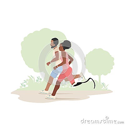 A man and a black girl with a prosthetic leg run in the park Vector Illustration