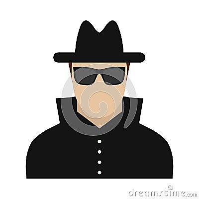 Man in black sunglasses and black hat flat icon Vector Illustration