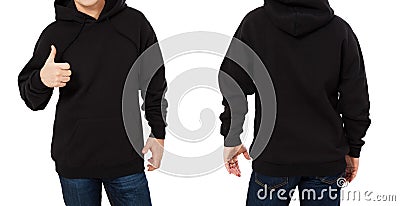 Man in black sweatshirt template isolated. Male black sweatshirts set with mockup and copy space. Hoody design. Hoodie front and Stock Photo