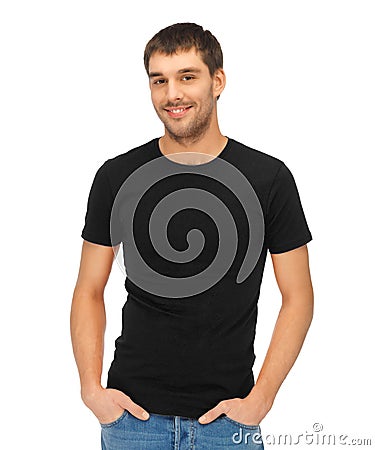 Man in blank black t-shirt Stock Photo