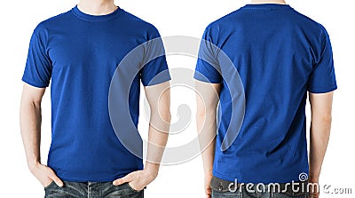 Man in blank blue t-shirt, front and back view Stock Photo