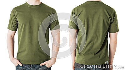 Man in blank khaki t-shirt, front and back view Stock Photo