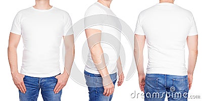 Man in blank white tshirt front, from side and rear Stock Photo