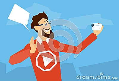 Man Blogger Hold Camera Video Blog Concept Vector Illustration