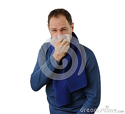 Man blowing his nose isolated on white Stock Photo