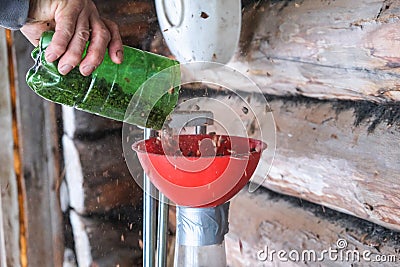 A man blows nuts from small debris using DIY device to extract cedar nuts from Siberian pine cones. Stock Photo