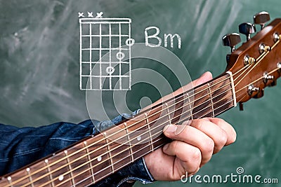 Man playing guitar chords displayed on a blackboard, Chord B minor Stock Photo