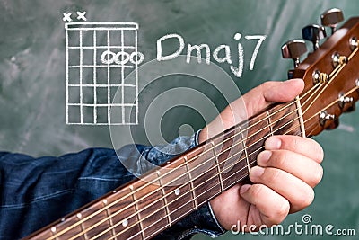 Man playing guitar chords displayed on a blackboard, Chord D major 7 Stock Photo