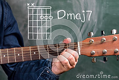 Man playing guitar chords displayed on a blackboard, Chord Dmaj7 Stock Photo