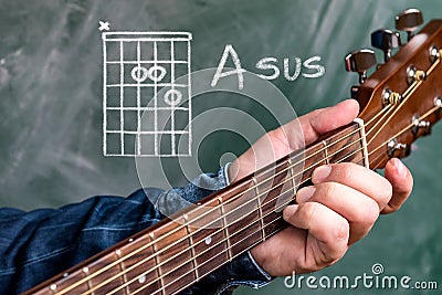 Man playing guitar chords displayed on a blackboard, Chord A sus Stock Photo