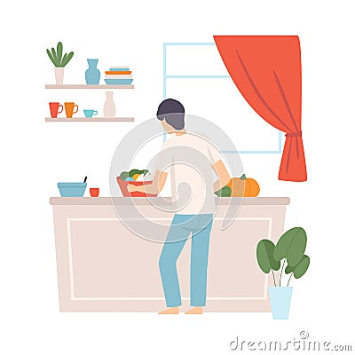 Man in blue headquarters and a white shirt is cooking. The view from the back. Vector illustration. Vector Illustration