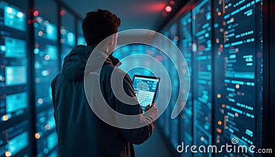 Security Analyst Monitoring Protocols In A Datacenter With Glowing Server Racks Stock Photo