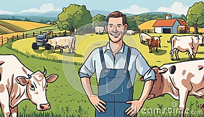 A man in a blue overalls stands in a field with cows Stock Photo