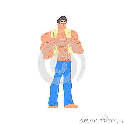 Man In Blue Sortive Pants Bodybuilder Funny Smiling Character On Steroids Going Out Of Gym With Towel On The Shoulders Vector Illustration