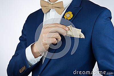 Man blue suit bowtie, brooch, pocket square Stock Photo