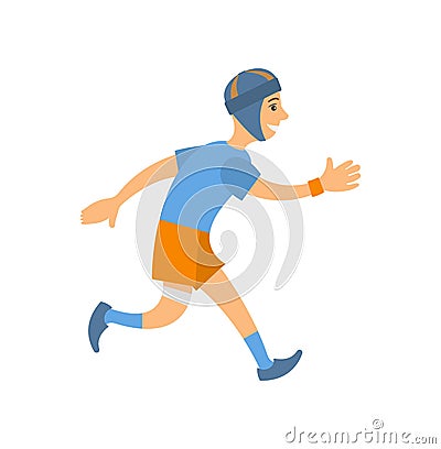 Man in Blue T-Shirt Shorts and Socks Run Marathon Vector Illustration
