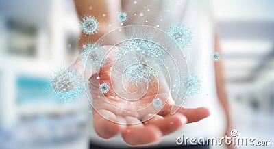 Man analyzing bacteria with digital holographic projection close-up 3D rendering Stock Photo