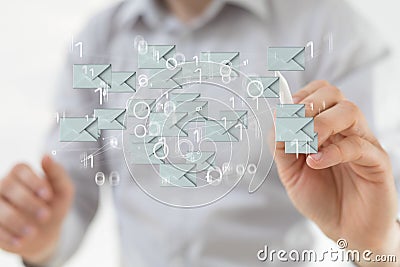 Man on a blurred background touching a web of illustrative 3D rendered envelope icons Stock Photo