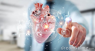 Man using digital x-ray of human heart holographic scan projection 3D rendering Stock Photo