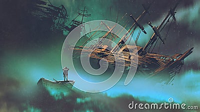 Man on a boat looking at derelict ship Cartoon Illustration